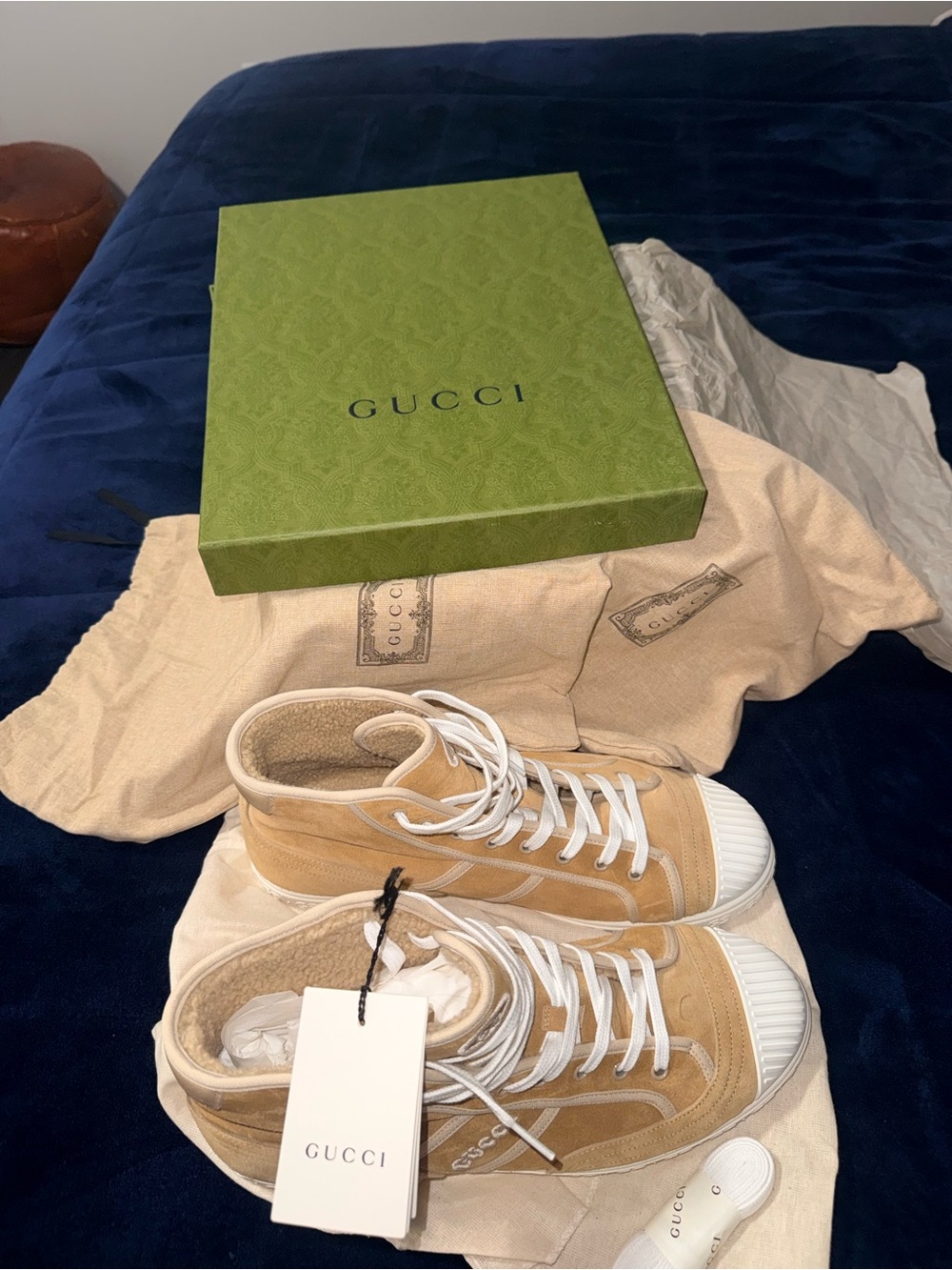 Gucci Tan Suede High-Top Sneakers with White Accents